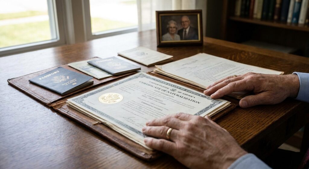 Ceremonia de naturalización: qué llevar y qué pasa ese día 2 Acto de ceremonia de naturalizacion, con certificado y documentos oficiales en una mesa.