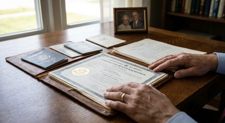 Acto de ceremonia de naturalizacion, con certificado y documentos oficiales en una mesa.