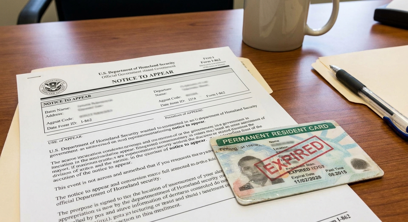 ¿Qué es la residencia condicional y cómo pasar a residencia permanente? 3 Aviso oficial de comparecencia (NTA) de USCIS sobre escritorio con tarjeta de residencia caducada.