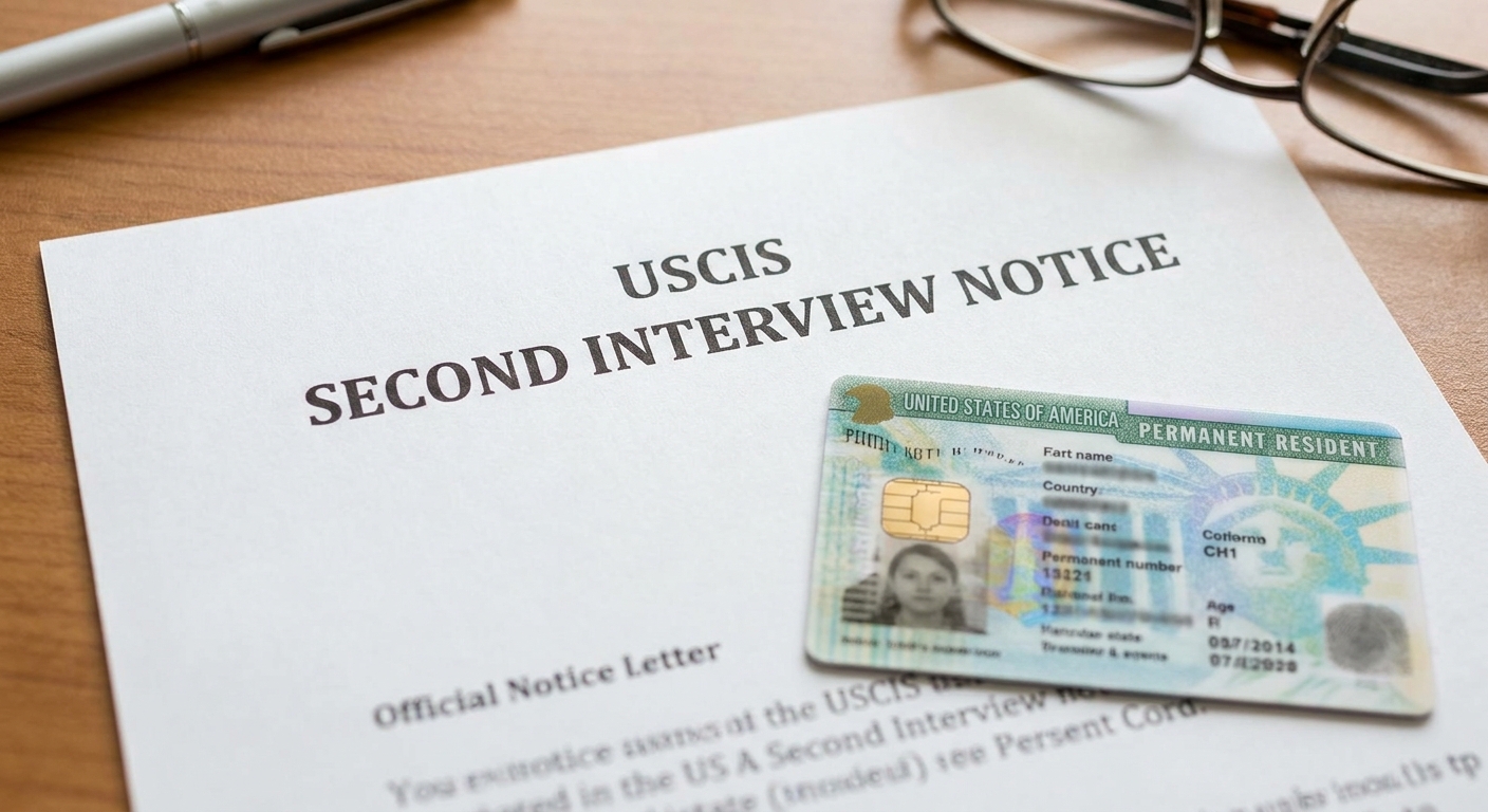 El examen de inglés en la ciudadanía americana, ¿qué evalúan y cómo prepararte? 3 Aviso oficial de USCIS para segunda entrevista, junto a una Green Card.