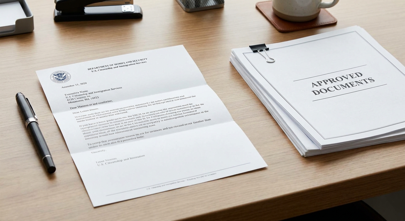 ¿Cómo renovar el permiso de trabajo paso a paso? 3 Carta oficial de aprobación de permiso de trabajo sobre escritorio organizado, resultado exitoso.