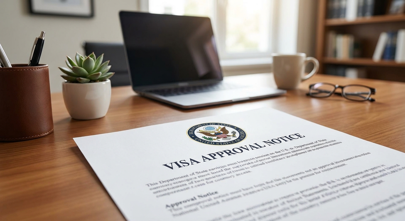 Carta oficial de aprobación de visa de consulado de EE. UU. en escritorio.
