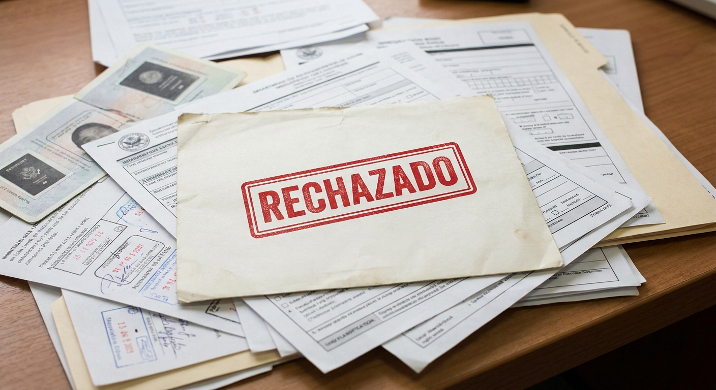 Ajuste de estatus si entraste con visa de turista, ¿qué dice la ley? 3 Carta oficial de negación de solicitud con sello rechazado, sobre pila de documentos migratorios.