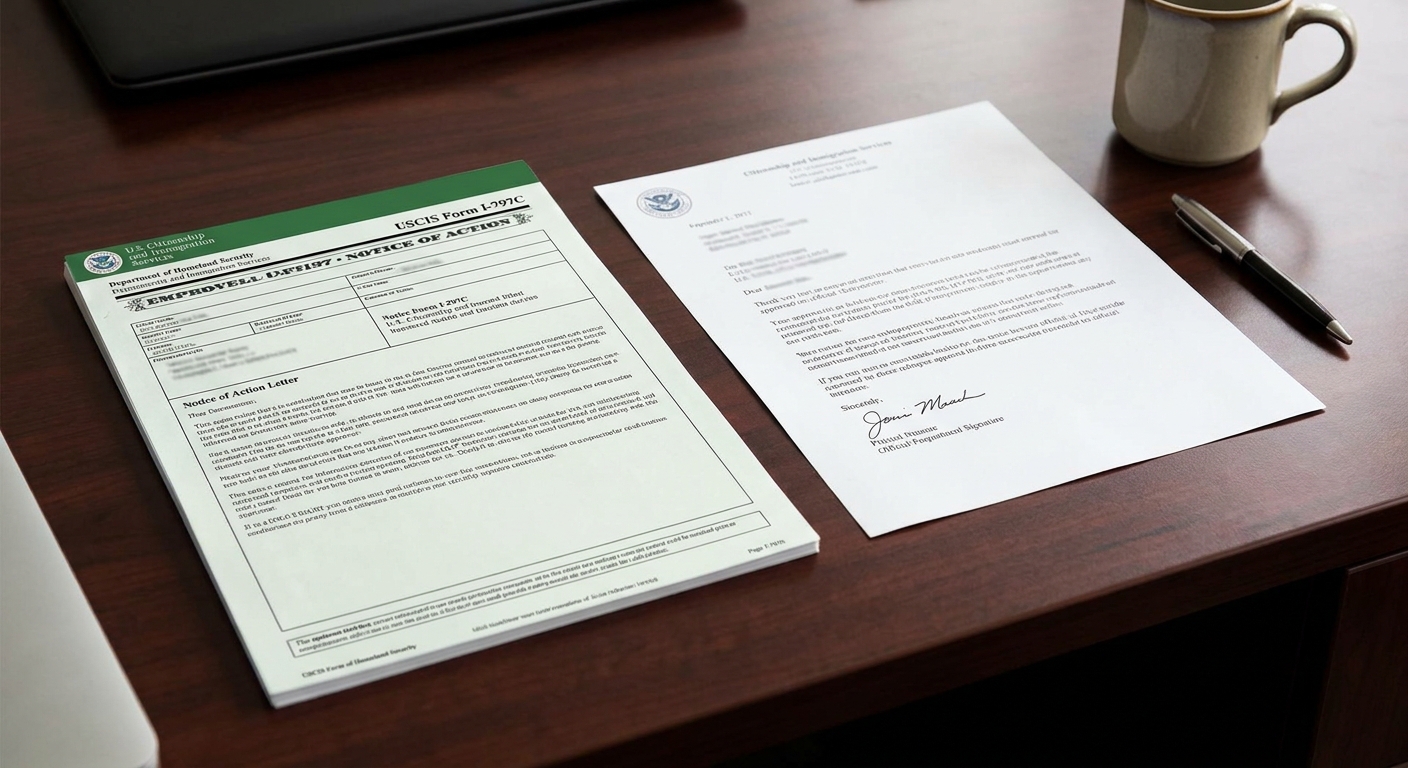 ¿Cómo llenar el formulario I-130 sin errores? 3 Carta oficial de USCIS, Formulario I-797C, junto a carta de aprobación.