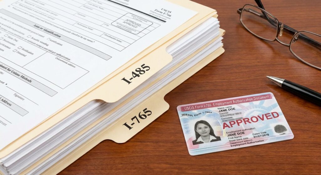 ¿Qué es la categoría C09 del permiso de trabajo y a quién aplica? 4 Documentos de inmigracion, incluyendo el formulario I-485 y la tarjeta de permiso de trabajo categoria c09, sobre un escritorio.