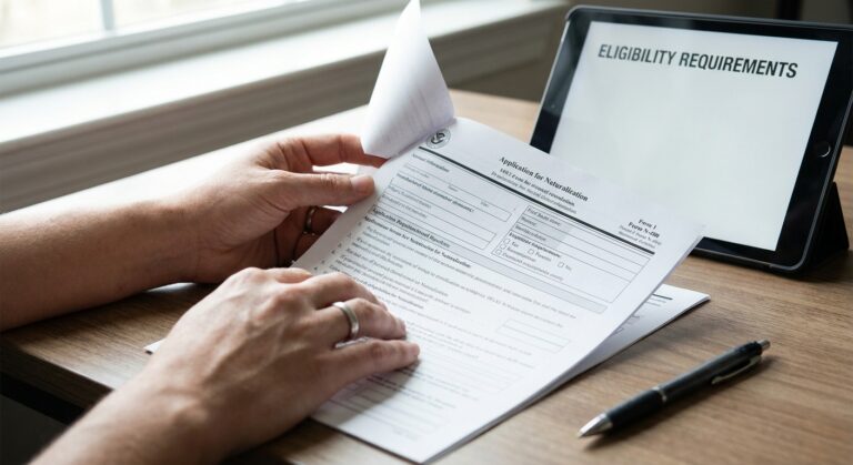 Abogado de Inmigración 41 examen ciudadania ingles: Manos revisando un formulario N-400 junto a una tableta y un boligrafo, preparandose para el examen.