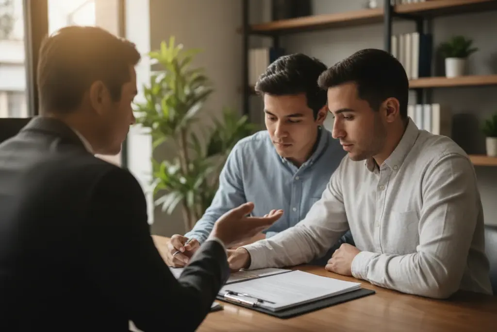 ¿Cómo obtener la residencia permanente en Estados Unidos? 4 Pareja latina en consulta legal revisa documentos para obtener la residencia permanente en Estados Unidos