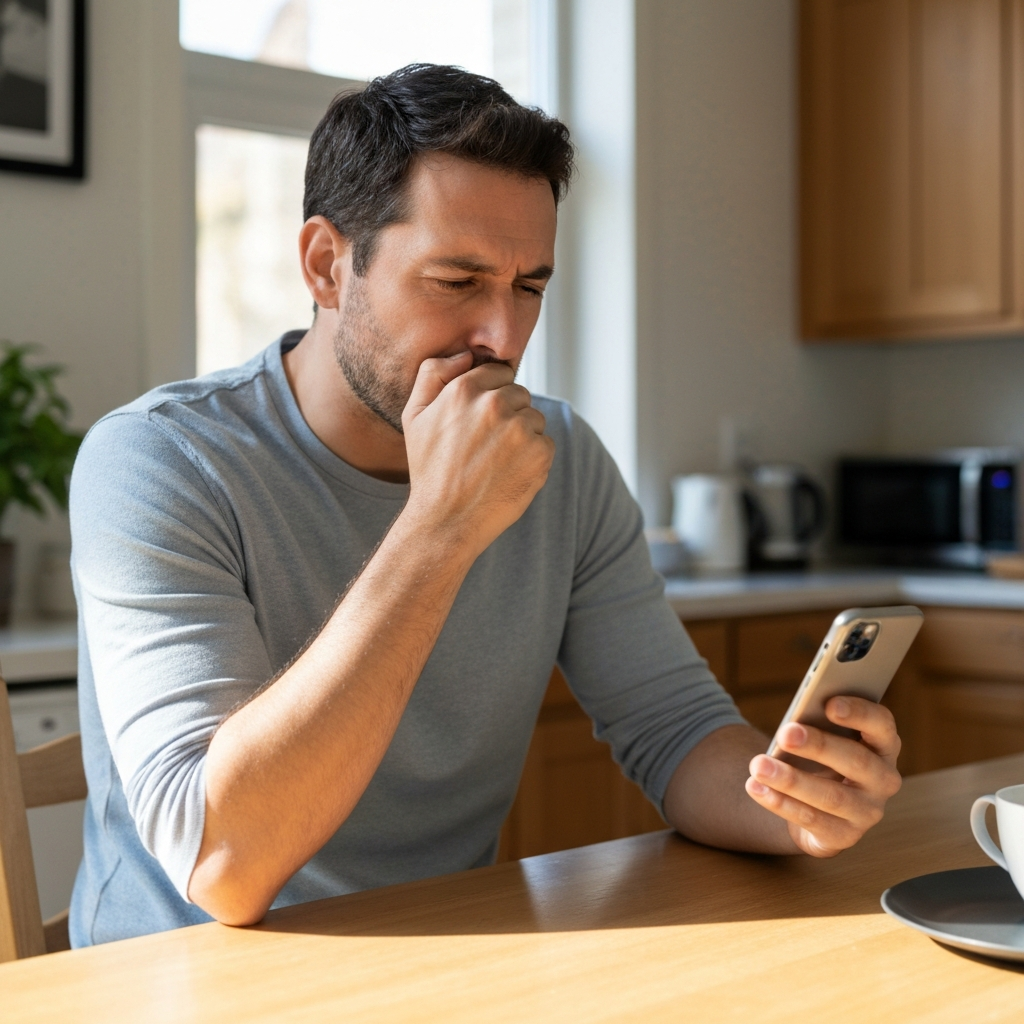 USCIS logra procesar permisos de trabajo el mismo día y elimina retrasos acumulados 1 Hombre en mesa de cocina mirando celular con expresion de alivio y esperanza.