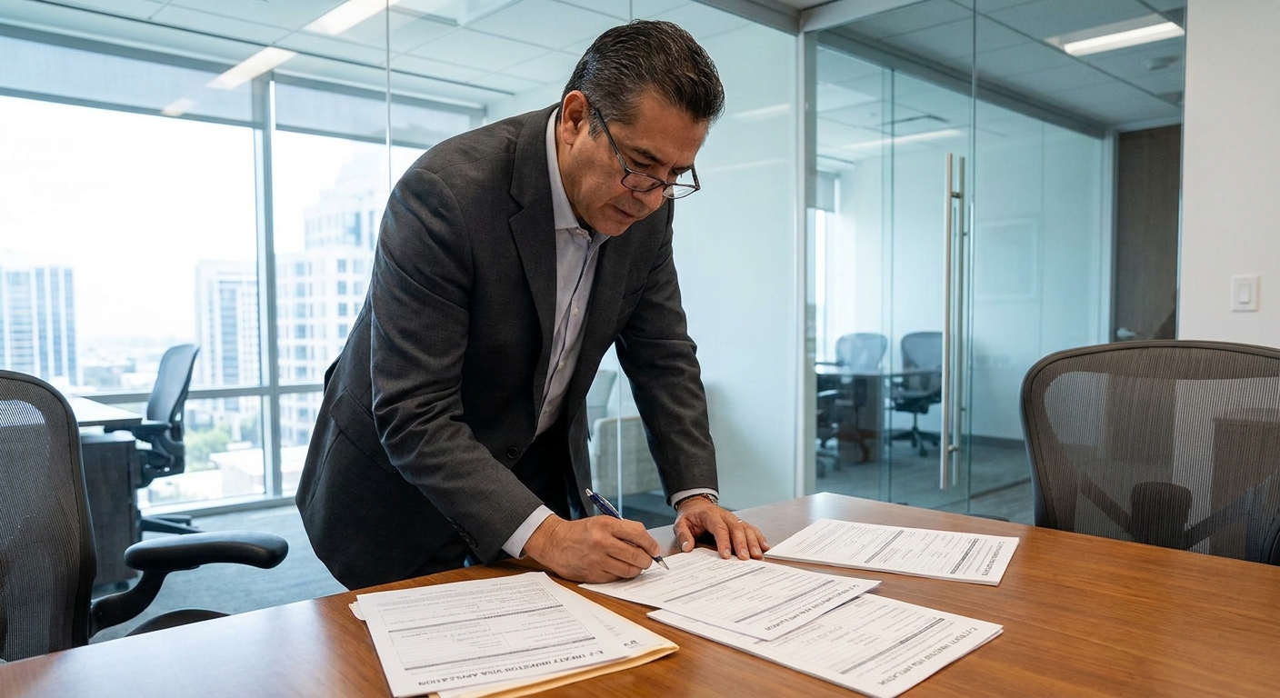 Inversionista mexicano revisando formularios de solicitud visa E-2 en oficina.