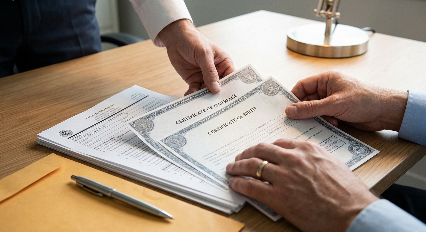 ¿Cómo llenar el formulario I-130 sin errores? 2 Manos adjuntando certificado de matrimonio y nacimiento a formulario I-130.