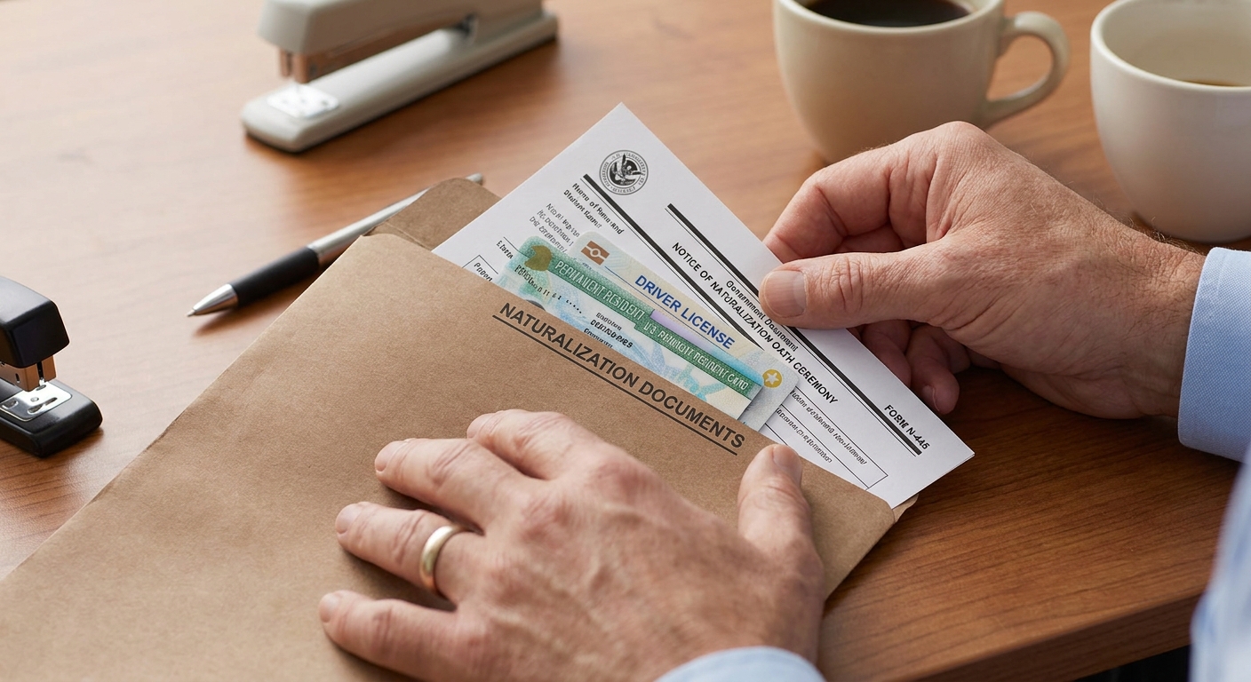 Manos organizando Tarjeta de Residente Permanente, identificación y Formulario N-445 en carpeta.