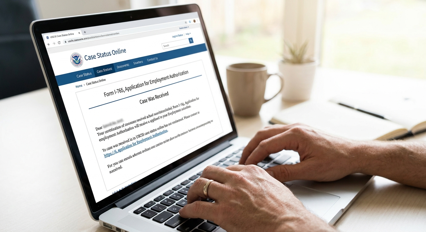 ¿Qué es la categoría C09 del permiso de trabajo y a quién aplica? 2 Manos usando computadora para verificar estado de solicitud I-765 en pagina USCIS.
