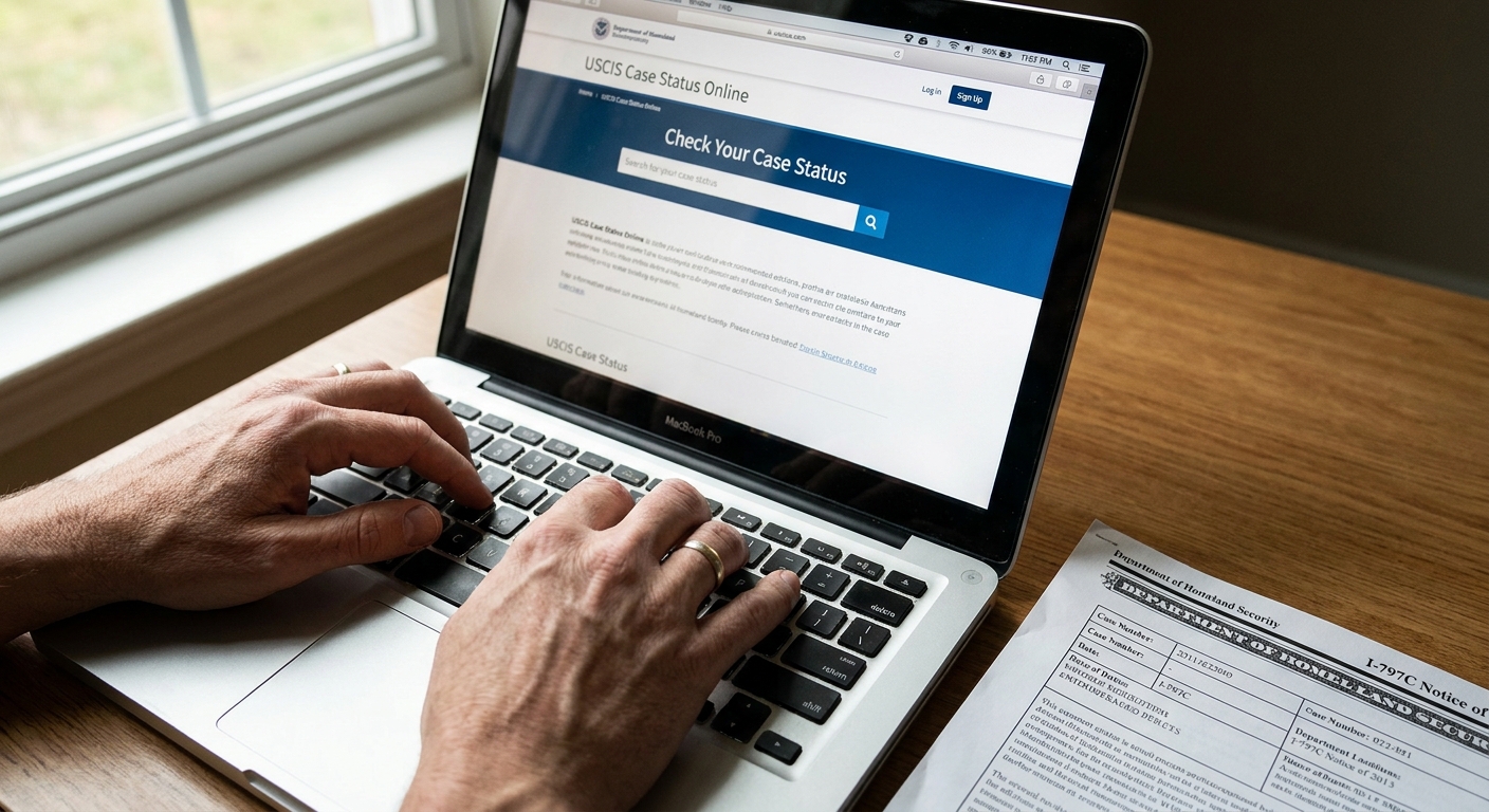 ¿Cómo renovar el permiso de trabajo paso a paso? 2 Manos verificando el estado de la solicitud I-765 en línea en el portal oficial de USCIS.