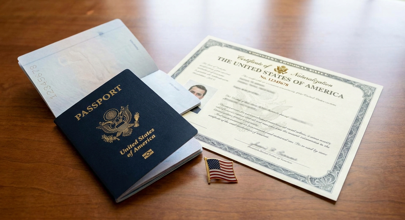 Pasaporte estadounidense y Certificado de Naturalización sobre una superficie limpia.