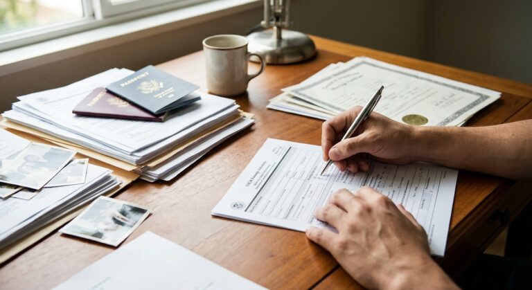 Paso a paso: como llenar formulario i-130. Documentos de solicitud migratoria para familiar extranjero organizados sobre escritorio.