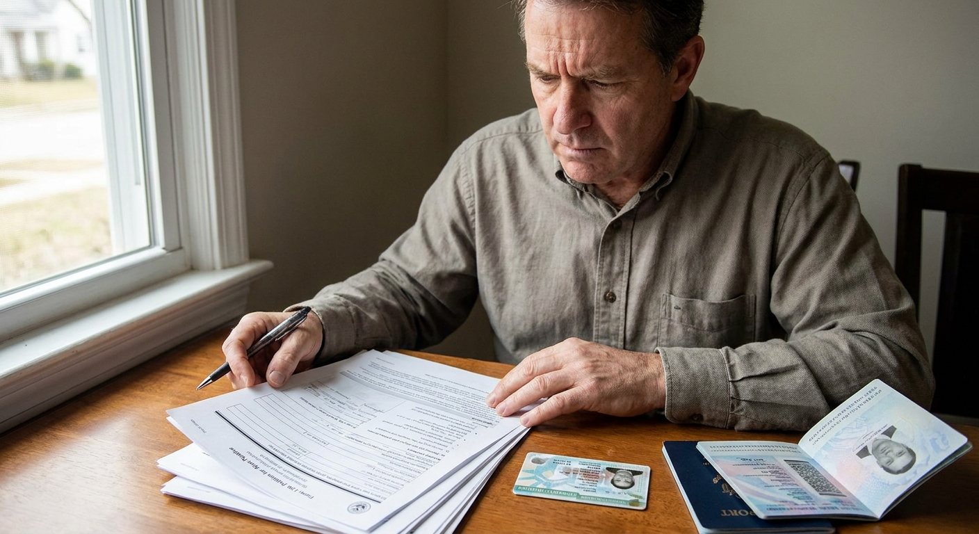 ¿Cómo llenar el formulario I-130 sin errores? 1 Peticionario revisando documentos de solicitud I-130 y tarjeta de residencia permanente.