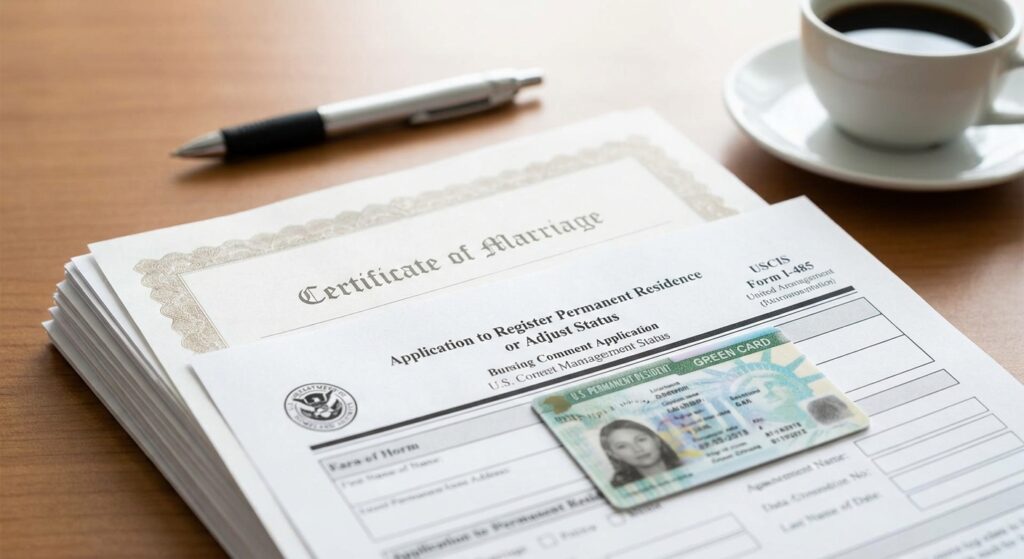 Ajuste de estatus por matrimonio, ¿cómo es el proceso del I-485? 2 Pila de documentos de inmigracion, incluyendo el Formulario I-485 y certificado de matrimonio, simbolizando el proceso de ajuste de estatus por matrimonio.