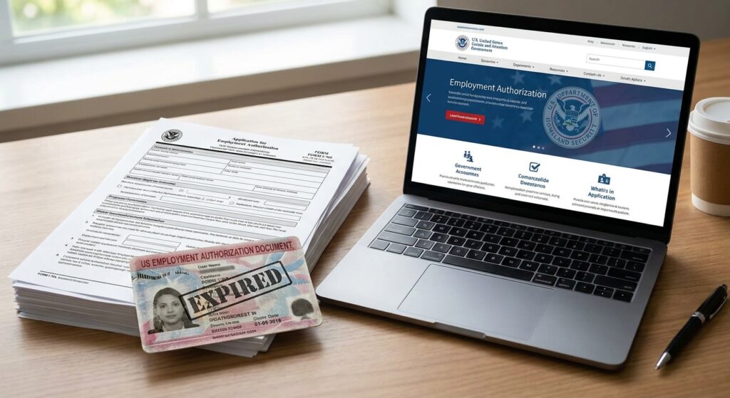 ¿Cómo renovar el permiso de trabajo paso a paso? 3 Pila de formularios I-765 y un permiso de trabajo EAD sobre un escritorio, simbolizando el proceso de renovar permiso de trabajo.