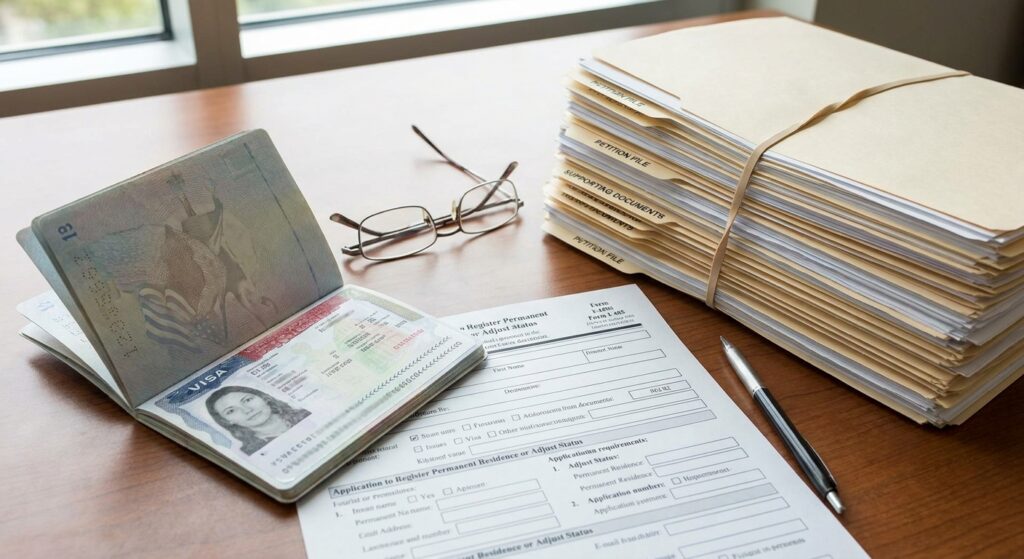 Proceso complejo de ajuste de estatus con visa de turista, con un formulario I-485 sobre una pila de documentos legales y una visa B1/B2.