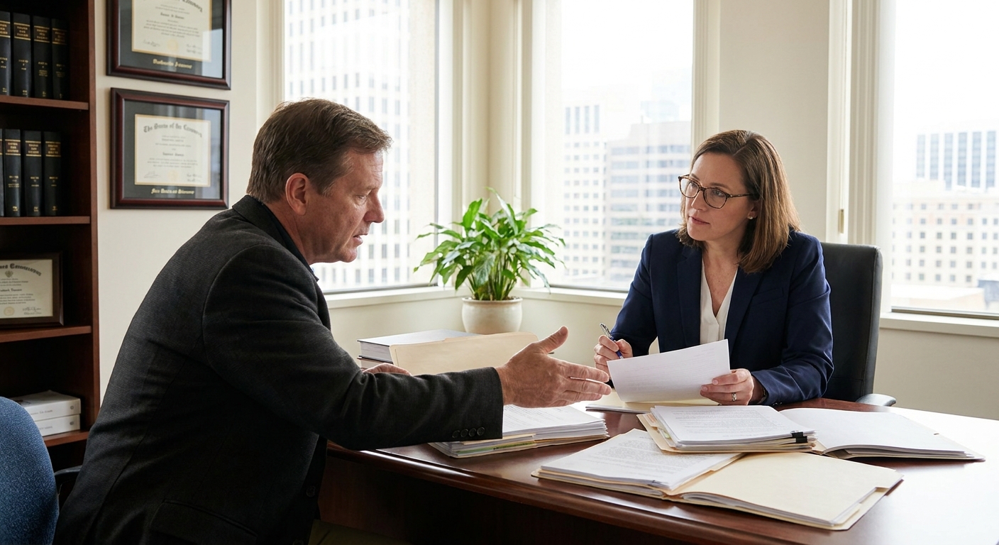 ¿Cómo renovar el permiso de trabajo paso a paso? 1 Solicitante revisando documentos para renovar el permiso de trabajo con asesoría legal en oficina.