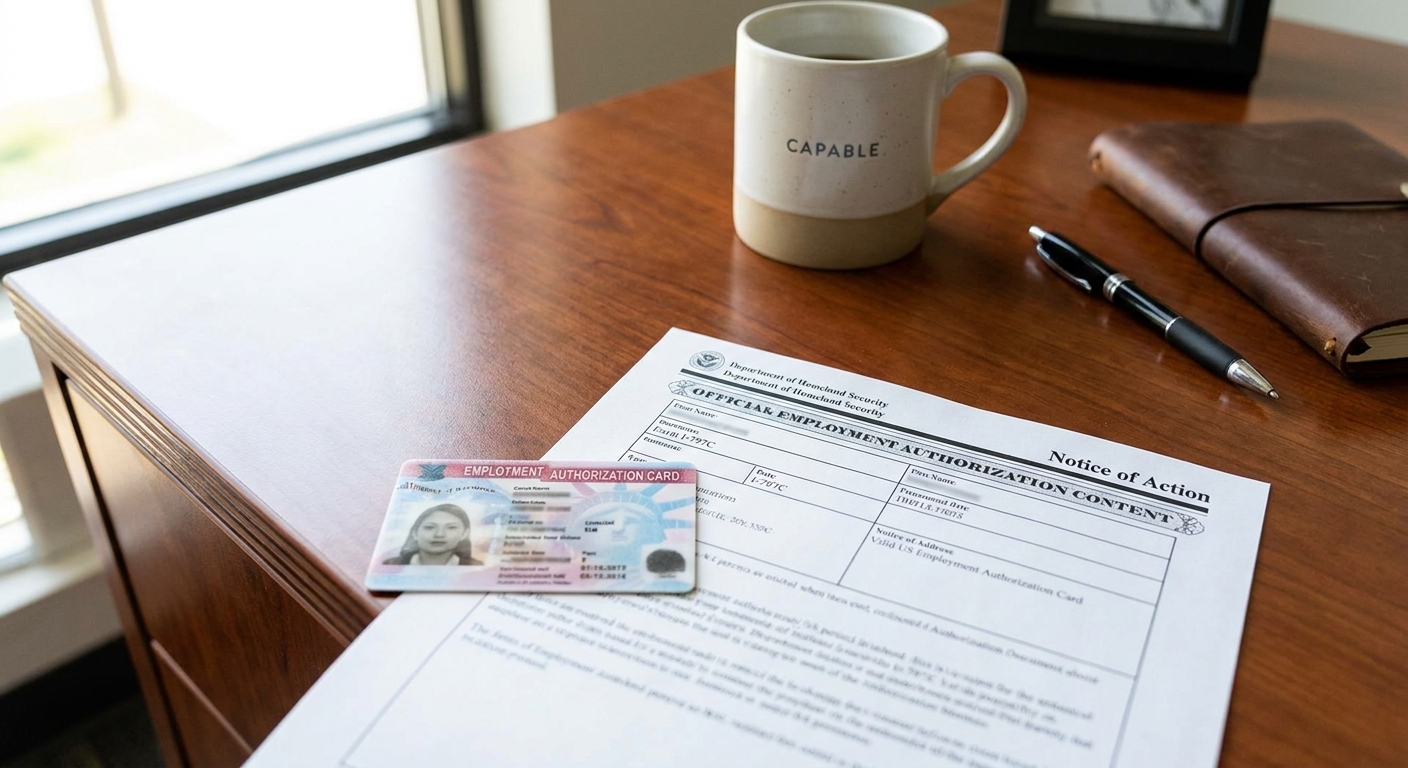 ¿Qué es la categoría C09 del permiso de trabajo y a quién aplica? 3 Tarjeta de autorización de empleo EAD y aviso I-797C sobre un escritorio.