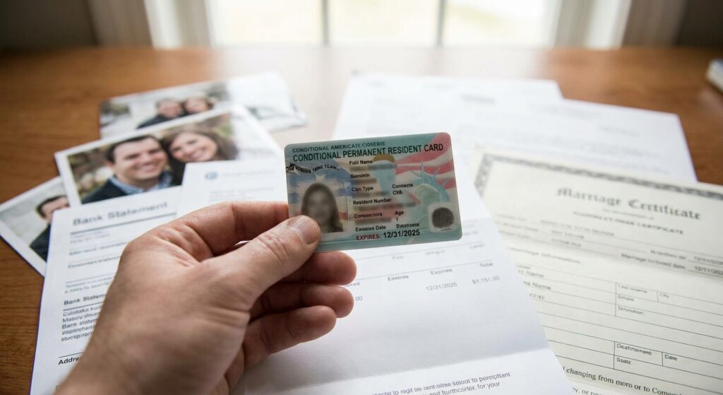 ¿Qué es la residencia condicional y cómo pasar a residencia permanente? 2 Tarjeta de residencia condicional mostrando fecha de expiracion junto a documentos de matrimonio sobre un escritorio de trabajo.
