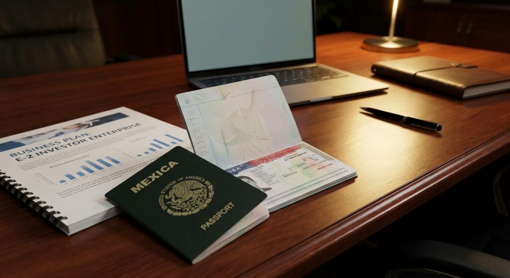 Visa E-2 para mexicanos, requisitos y por qué México es país de tratado 2 Un pasaporte mexicano con una visa e2 para mexicanos aprobada, junto a un plan de negocios sobre un escritorio.