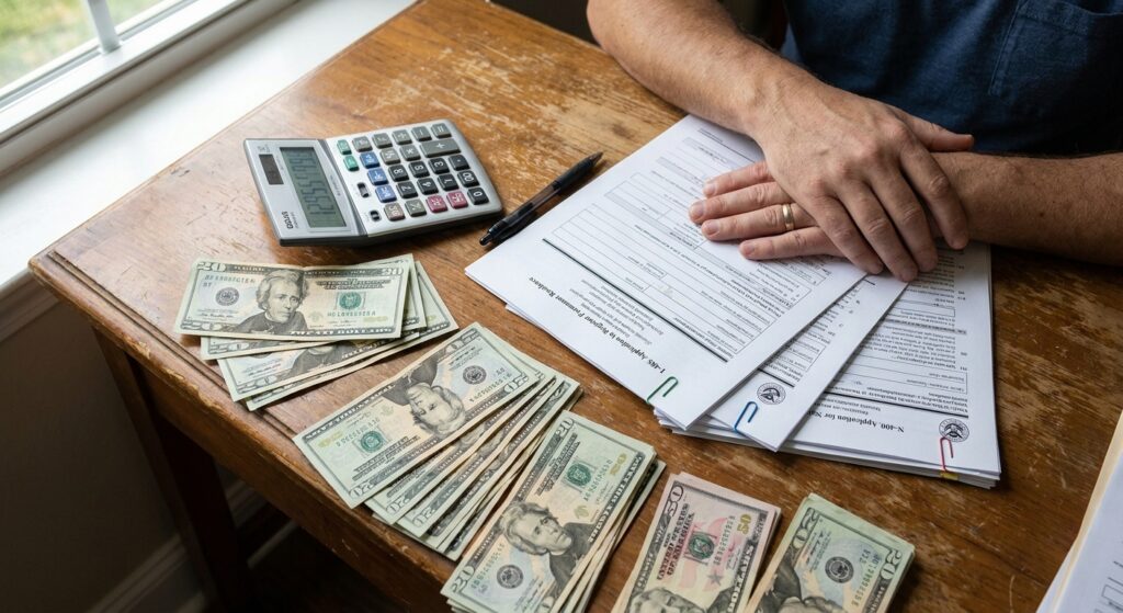 ¿Cuánto cuesta sacar la residencia permanente en Estados Unidos? 2 Calculadora y documentos de inmigracion sobre mesa, simbolizando cuanto cuesta la residencia americana y la planificacion financiera requerida.