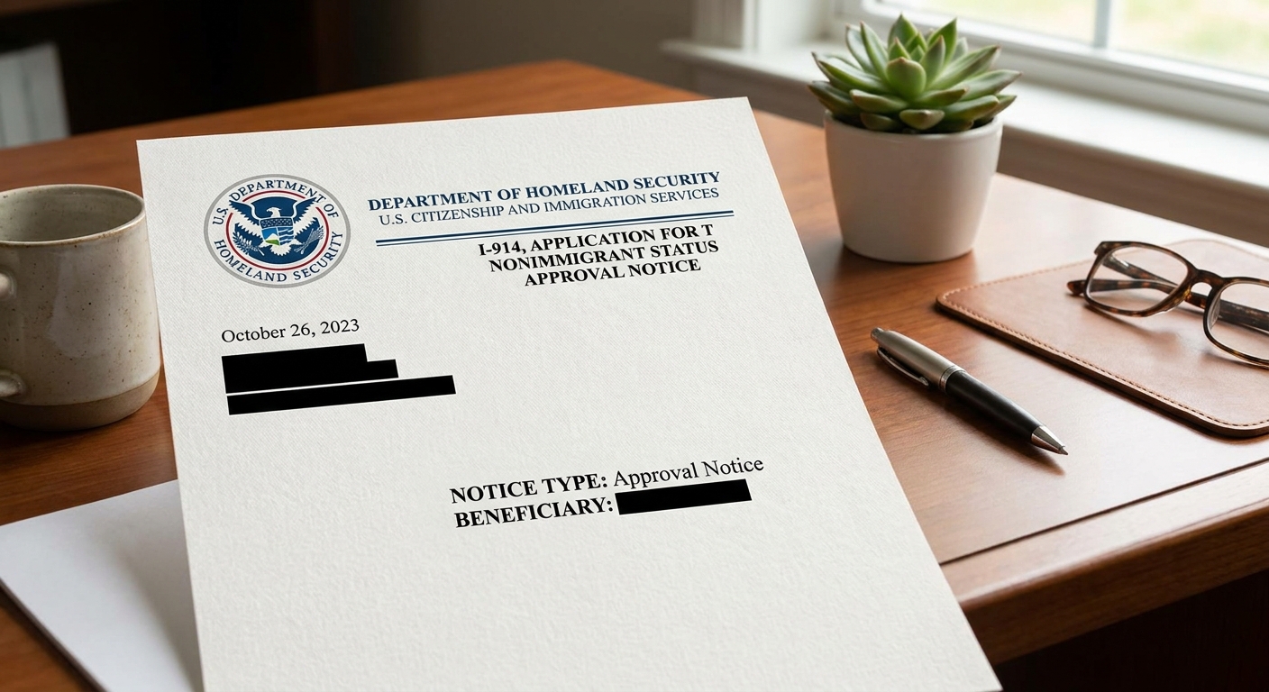 Requisitos de la visa T y quién puede solicitarla 3 Carta oficial de aprobación de estatus T de USCIS sobre un escritorio ordenado.