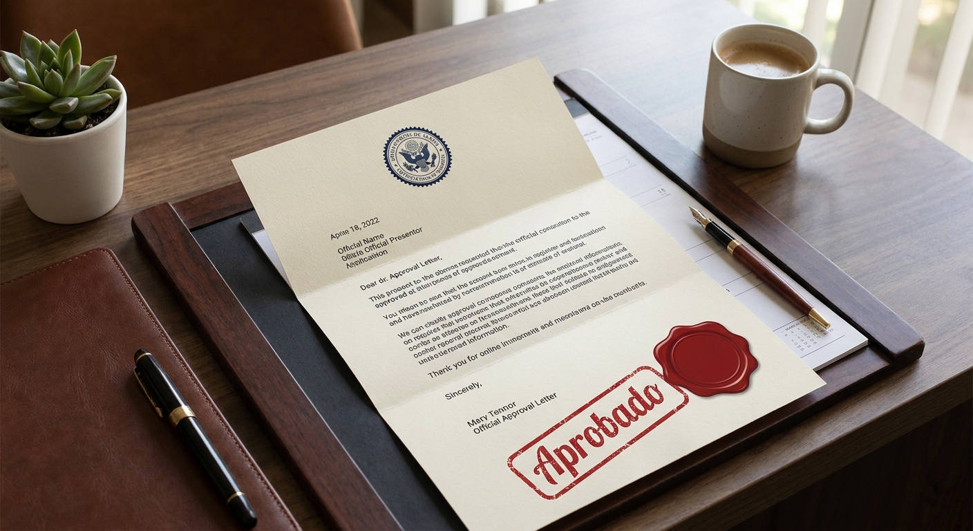 ¿Cuánto tarda en llegar la green card según la vía? 3 Carta oficial de aprobación de residencia sobre escritorio con documentos migratorios organizados y pluma.