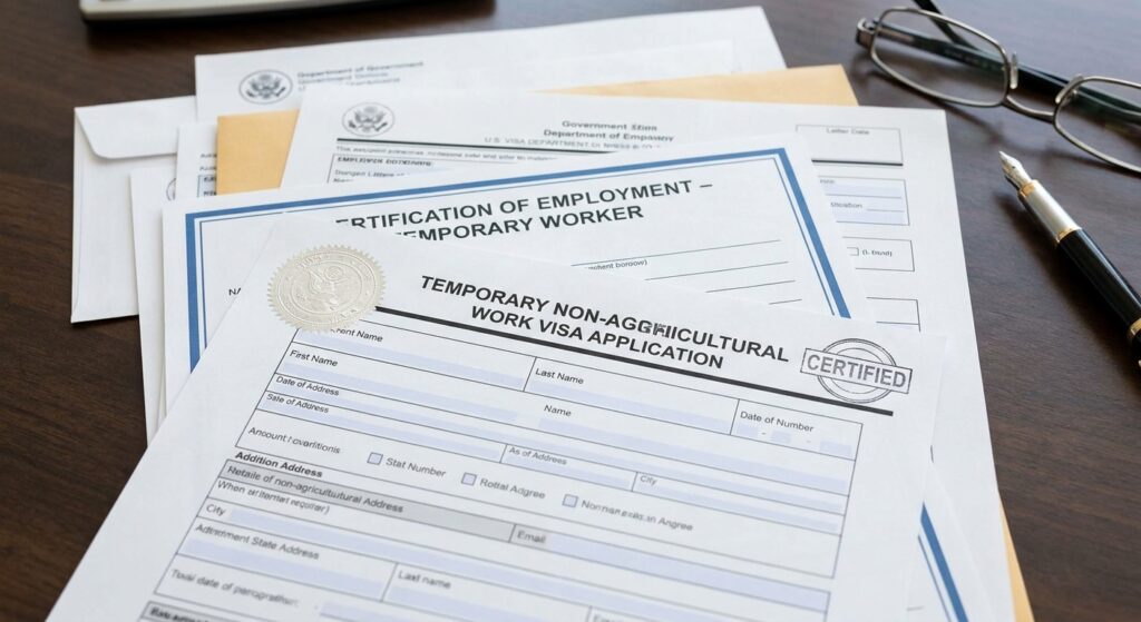 ¿Qué es la visa H2B y cómo funciona para trabajar temporalmente? 2 Documentos apilados para una visa h2b de empleo temporal no agricola en Estados Unidos, sobre un escritorio.