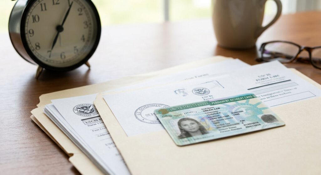 Documentos de inmigracion apilados con Green Card en la parte superior, simbolizando cuanto tarda en llegar la green card y la espera.