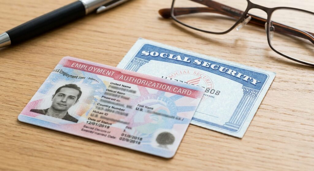 Documentos de permiso de trabajo y social security sobre un escritorio, mostrando la relacion entre ambos tramites.