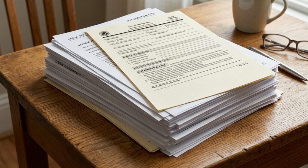 Documentos de solicitud para visa u requisitos, incluyendo formulario I-918, sobre un escritorio.