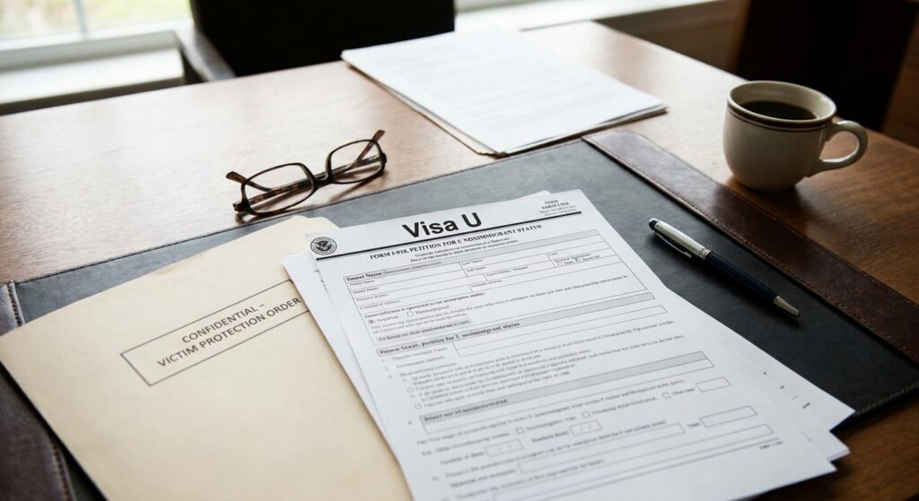 ¿Cuáles son los delitos que califican para la visa U? 2 Documentos legales apilados, con un formulario de Visa U visible, ilustrando cuales son los delitos que califican para la visa u y el proceso de aplicacion para victimas.