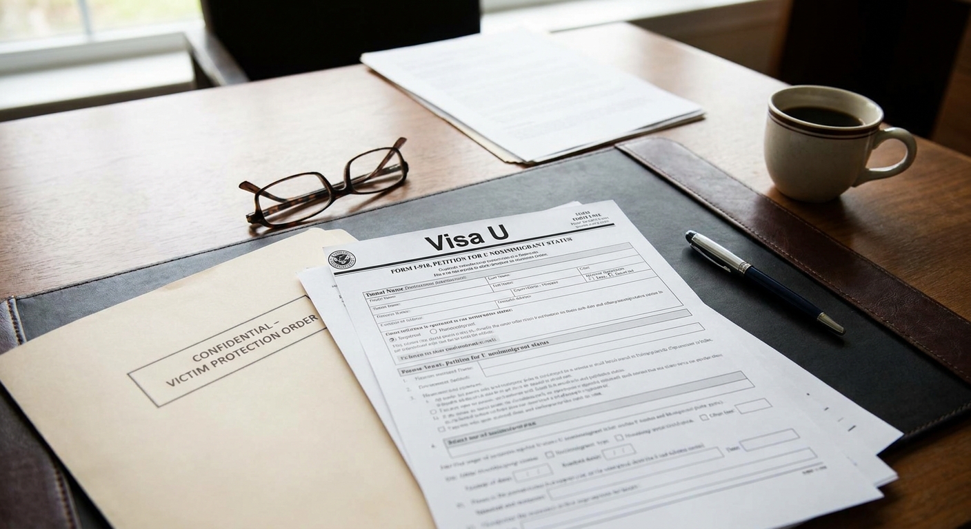 Documentos legales apilados, con un formulario de Visa U visible, ilustrando cuales son los delitos que califican para la visa u y el proceso de aplicacion para victimas.