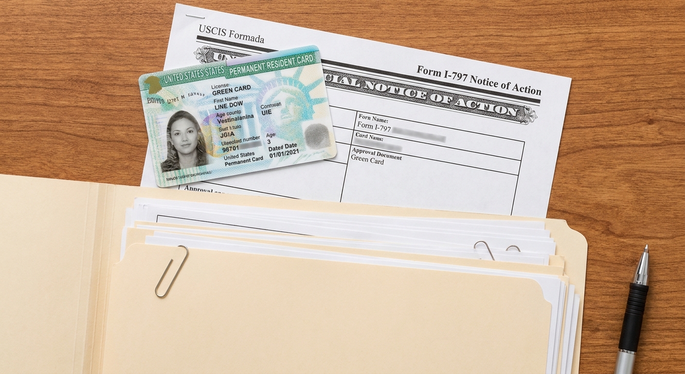 Green Card sobre carta de aprobación de USCIS y expediente migratorio completo.