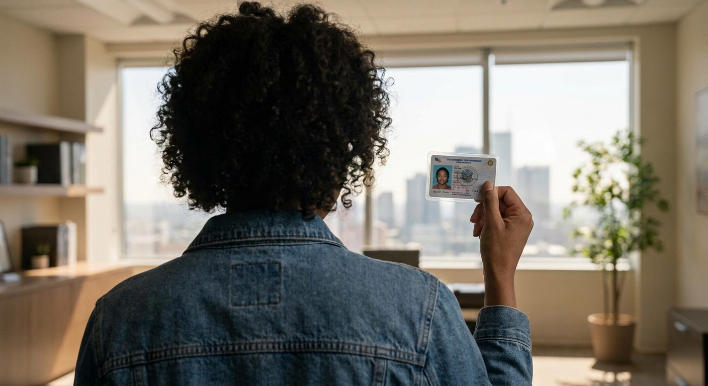 Beneficios de la visa T para víctimas de trata de personas 1 Individuo con documento de identificacion oficial en un entorno de oficina tranquilo, simbolizando estatus legal.