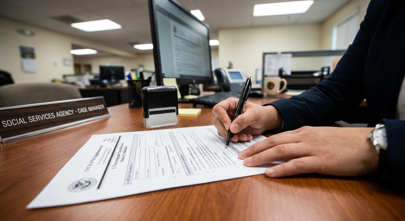 ¿Cuáles son los delitos que califican para la visa U? 2 Manos de solicitante completando formulario oficial para la certificación de cooperacion con autoridades.