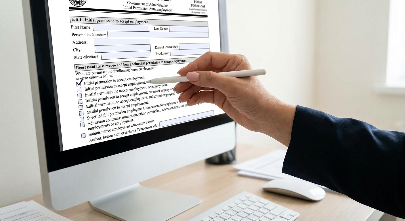 Persona completando el Formulario I-765 de solicitud del permiso de trabajo.