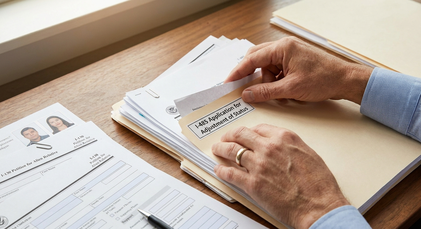 Requisitos para la residencia permanente en Estados Unidos 2 Manos organizando cuidadosamente actas de nacimiento y matrimonio para la solicitud de Green Card.