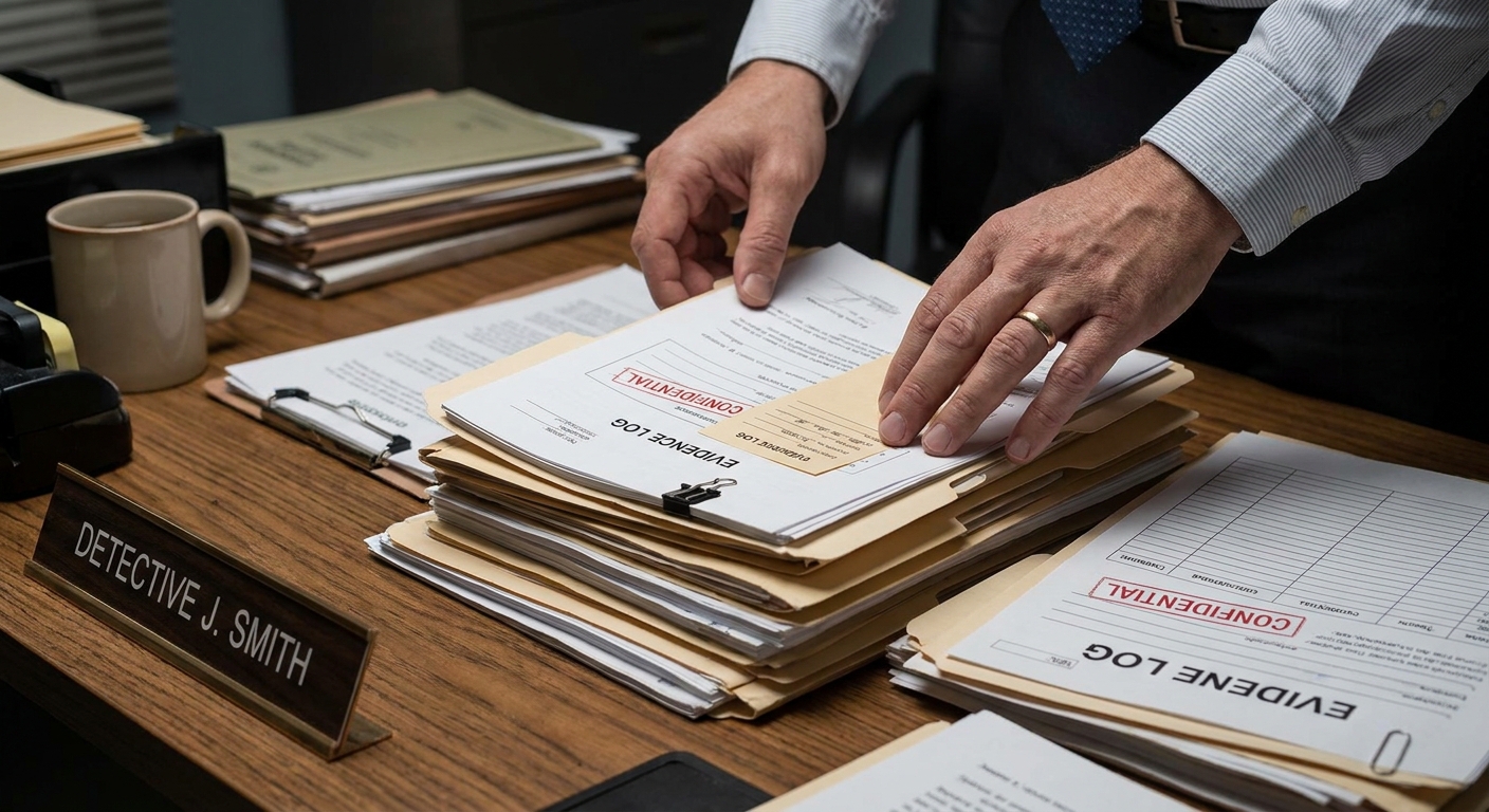 Requisitos de la visa T y quién puede solicitarla 2 Manos organizando una pila de documentos probatorios como informes y registros para autoridades.