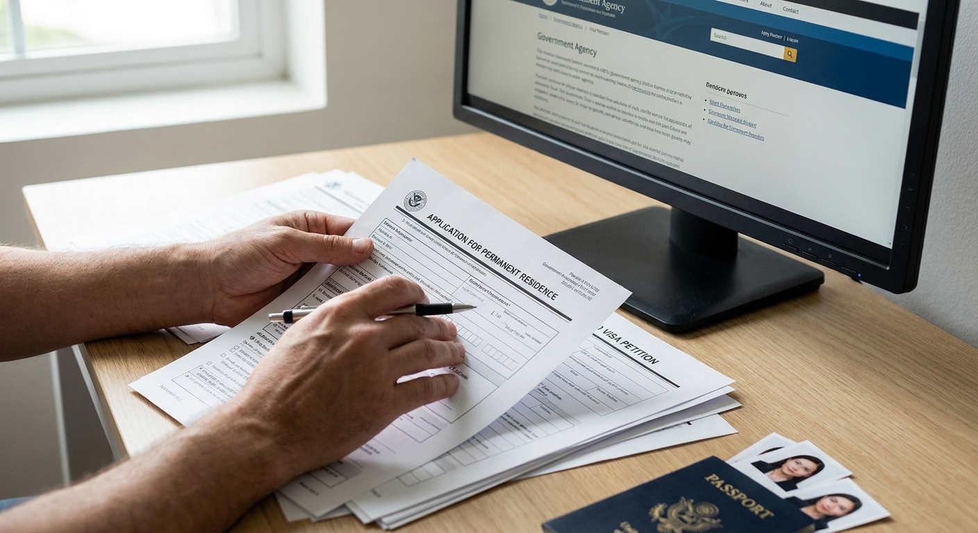 Beneficios de la visa T para víctimas de trata de personas 2 Manos revisando formularios de solicitud de inmigración y documentos sobre un escritorio, junto a una pantalla de computadora.