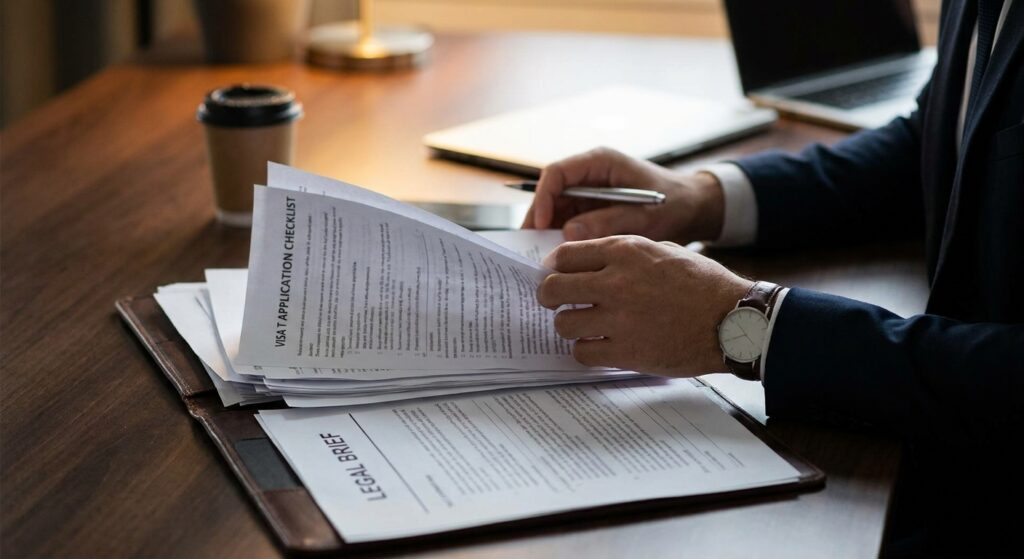 Qué es la visa T, quién califica y qué requisitos tiene 3 Manos sobre escritorio revisando documentos y lista de control para los visa t requisitos de proteccion.