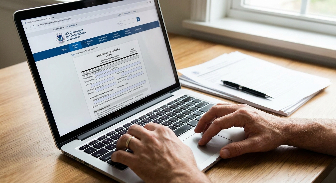 Manos usando computadora para rellenar formulario de solicitud de residencia en línea.