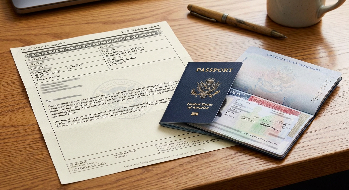 Notificación de aprobación de USCIS y pasaporte con la visa T sobre un escritorio.