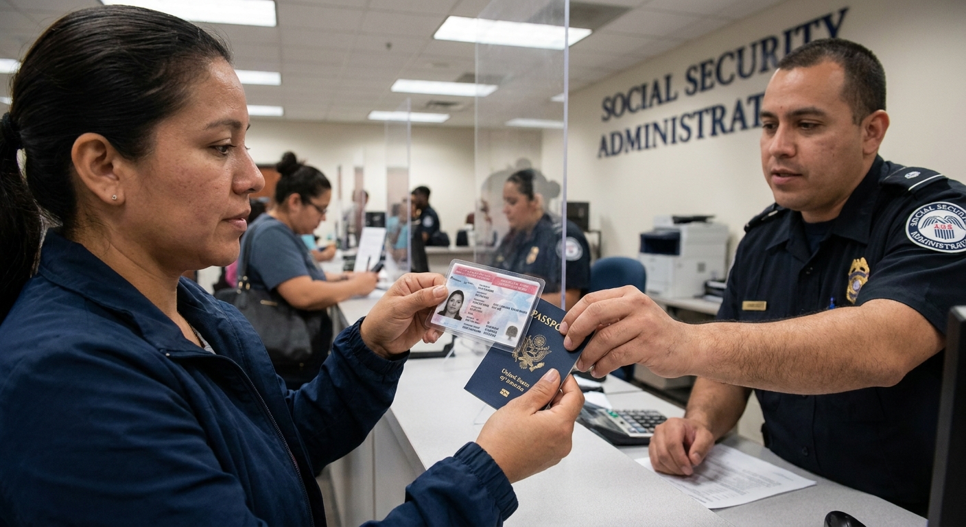 Persona mostrando EAD y pasaporte en el mostrador de una oficina SSA.