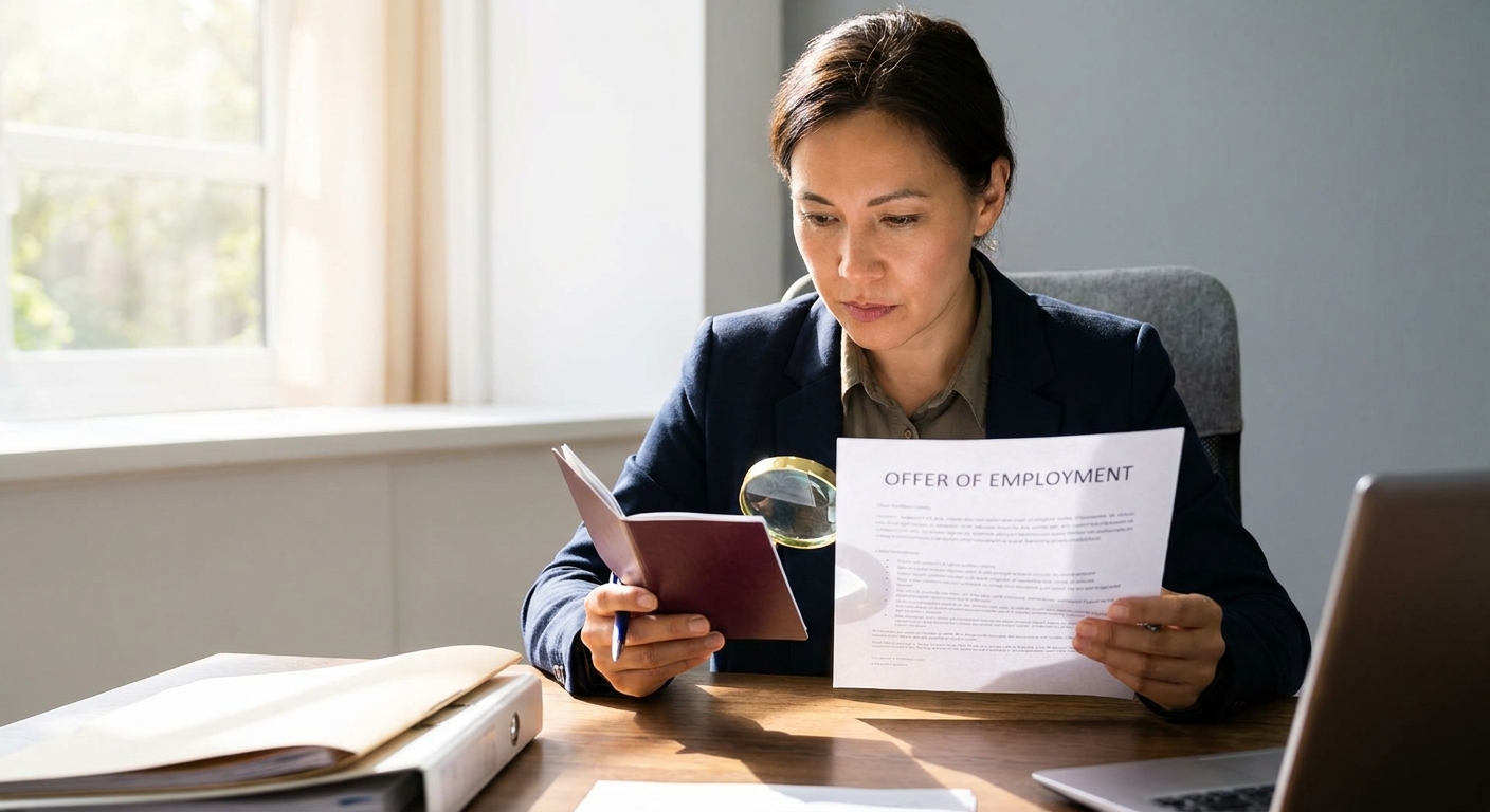 ¿Qué es la visa H2B y cómo funciona para trabajar temporalmente? 1 Persona revisando pasaporte y oferta laboral formal en sala de espera de oficina de abogados.