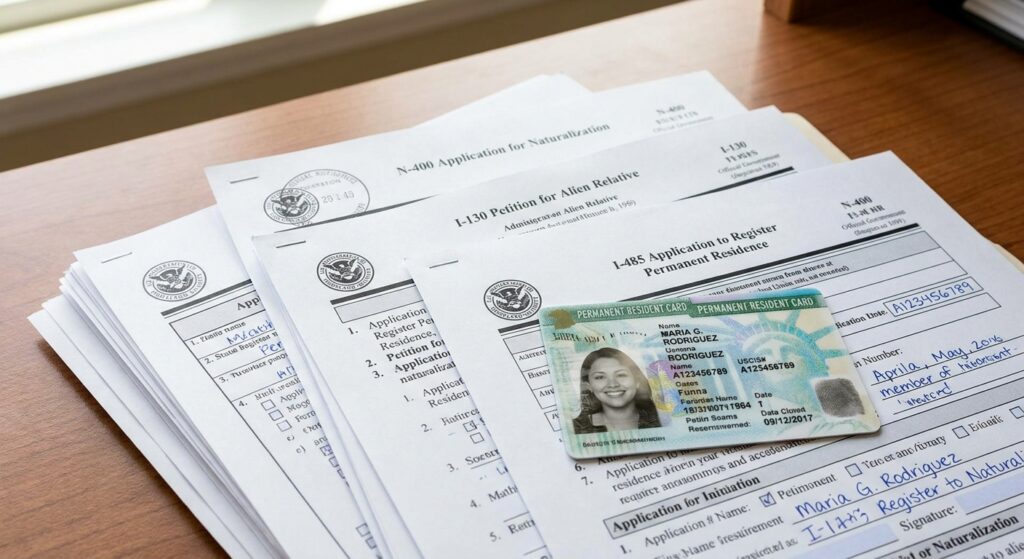 Requisitos para la residencia permanente en Estados Unidos 2 Pila de formularios y documentos oficiales, con una Green Card encima, simbolizando los requisitos para la residencia permanente en Estados Unidos.