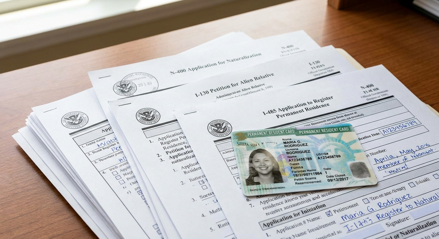 Pila de formularios y documentos oficiales, con una Green Card encima, simbolizando los requisitos para la residencia permanente en Estados Unidos.